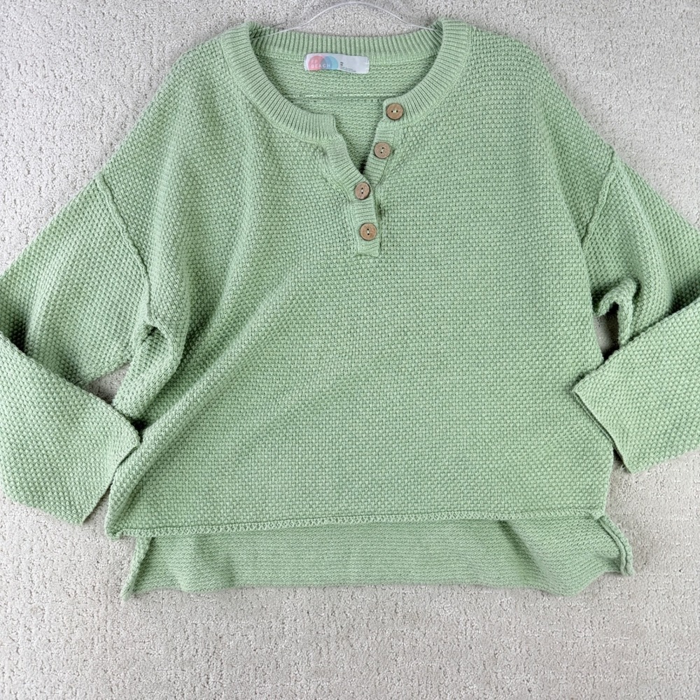 Free People Hailee Henley Sweater Women XS Green Waffle Knit Slouchy Top